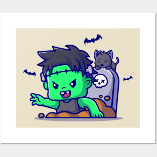 Cute Zombie Frankenstein From The Grave Cartoon Posters and Art